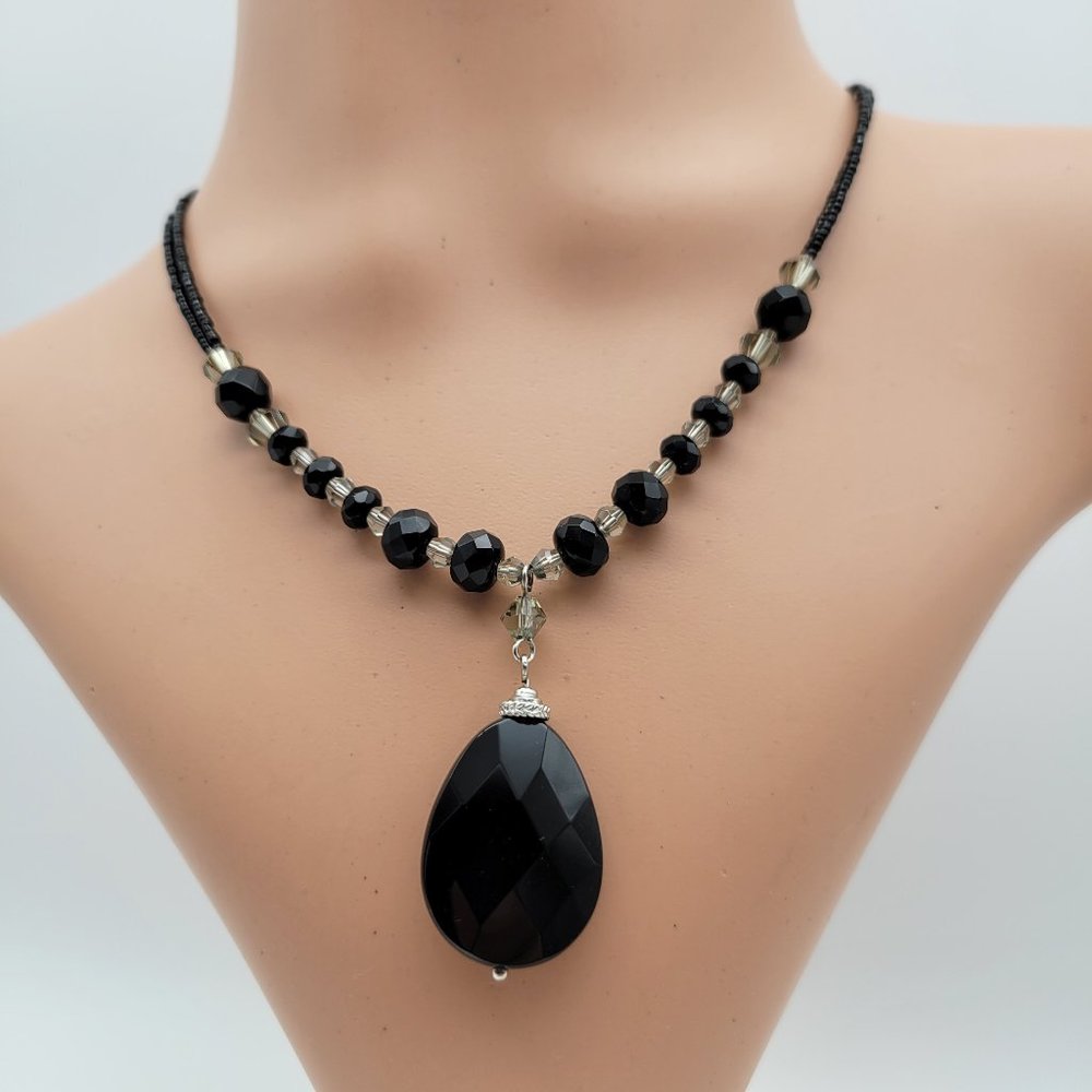 Black Faceted Teardrop Pendant Statement Necklace 19 inches Lia Sophia
